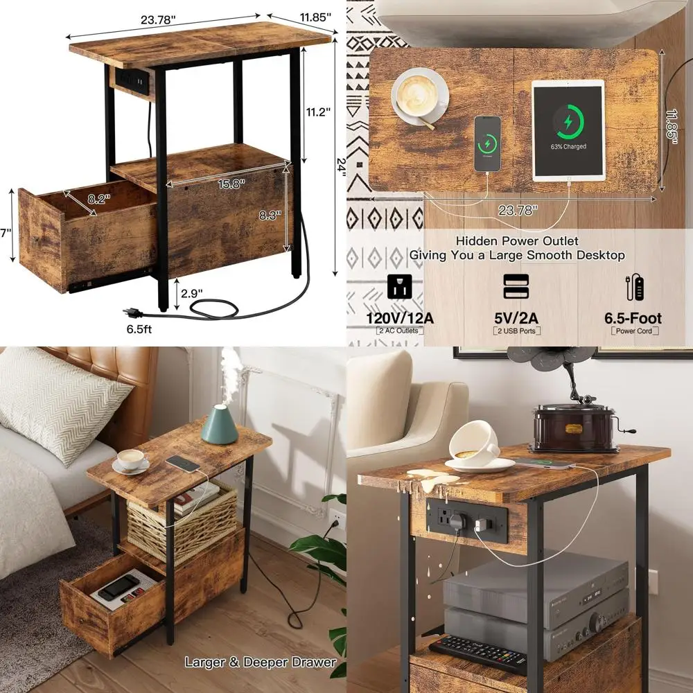 

Rustic Brown Charging End Table with Drawer, USB & Outlet, Ideal for Small Spaces
