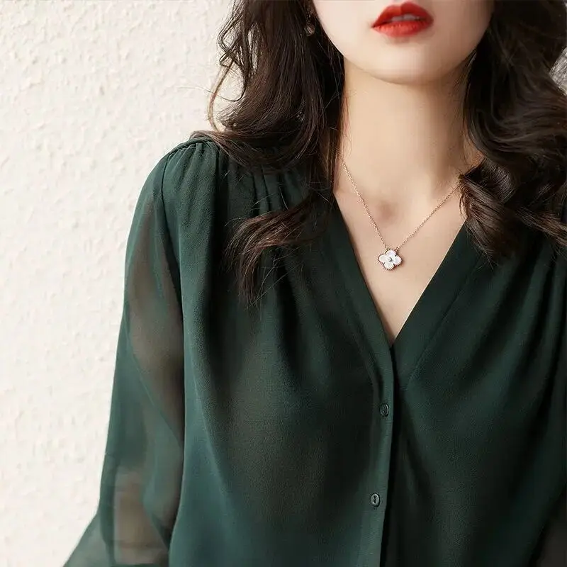 Elegant Summer Gauze Long Sleeve Solid Color Button V-neck Blouses Straight Loose Chiffon Thin Comfortable Women\'s Clothing 2022