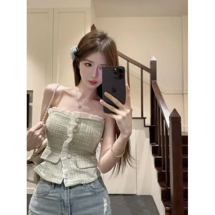 Pure Desire Estilo Doce Picante Strapless Bustier Crop Top Sexy Sem Mangas