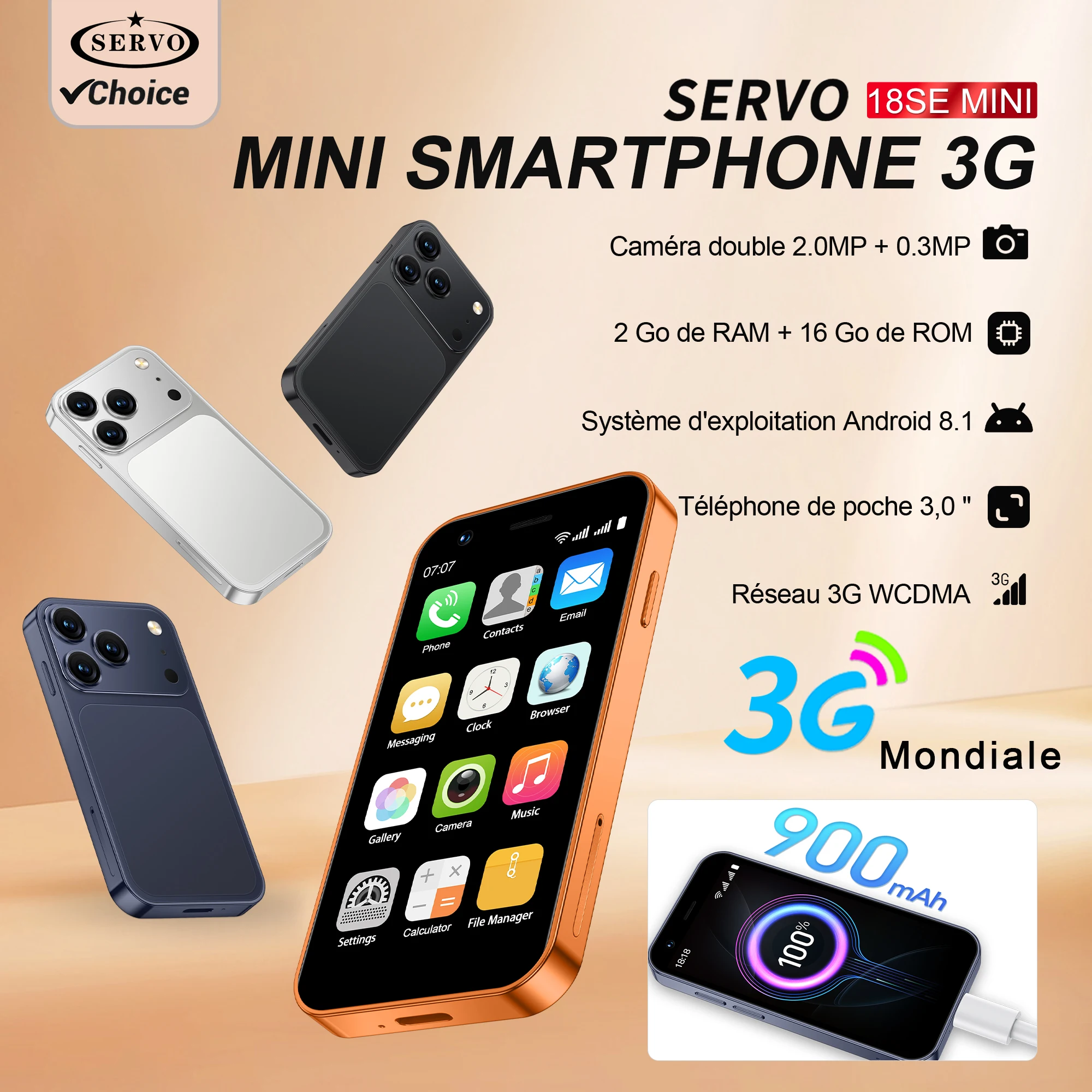 SERVO 18SE Mini Smartphone Android de poche 3G WCDMA Déverrouillage facial Téléphone portable Écran 3.0' 16 Go WiFi Caméra 2MP Téléphone mobile