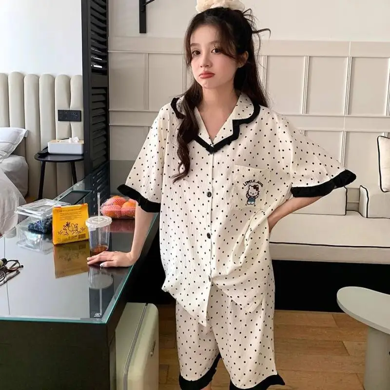 

Sanrio girl lapel T-shirt Pajama set Hello Kitty kawaii Anime fashion summer sexy Short sleeve shorts 2-piece set Home Clothing