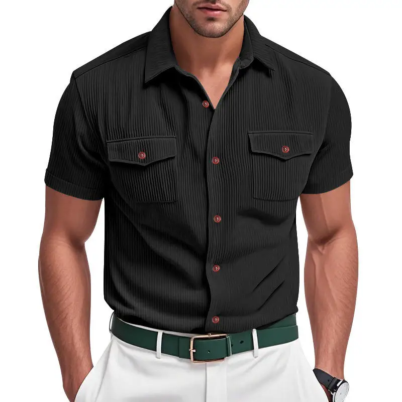 

New Men's Shirt Summer Corduroy Color Short Sleeve Large Size Trendy Cross-Border Fashion Pure Cotton Easy Care