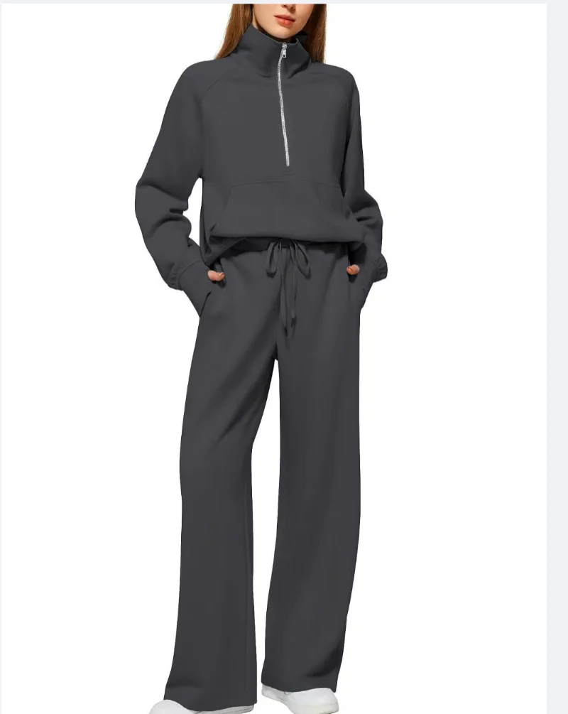 2 Pcs/Set Women Top Pants Set Half Zipper Turn-down Collar Long Sleeves Sweatshirt Elastic Waist Wide Leg Sweatpants Tracksuit