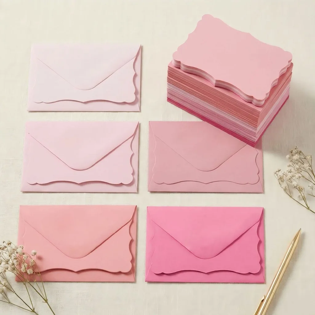 50 Pack Gradient Pink Scalloped Edge Greeting Cards And Envelopes 7x10cm Blank Cards For Invitations Love Letters Party Greeting