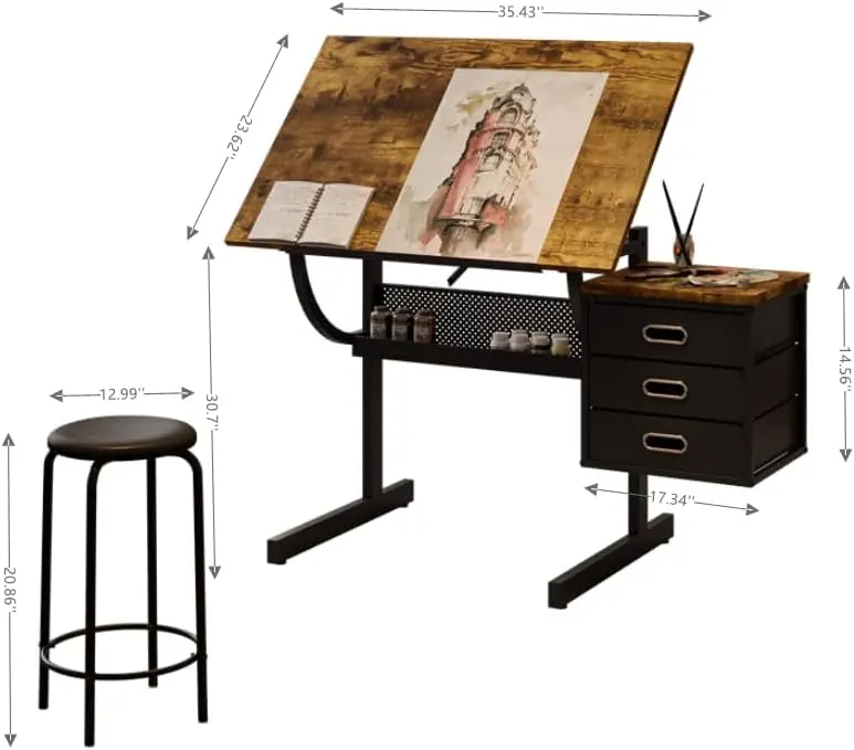 Adjustable Art Desk with Storage, 0-75° Tilting Drafting Table, 3 Drawers, Free Stool - Ideal for Diamond Painting