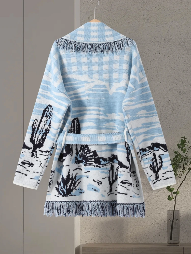 Jacquard-Strickjacken mit Gürtel und Quasten für Damen, eleganter Umlegekragen, lange Ärmel, lockere Strickware, schicke Damen-Partykleidung, neu – Detail 5