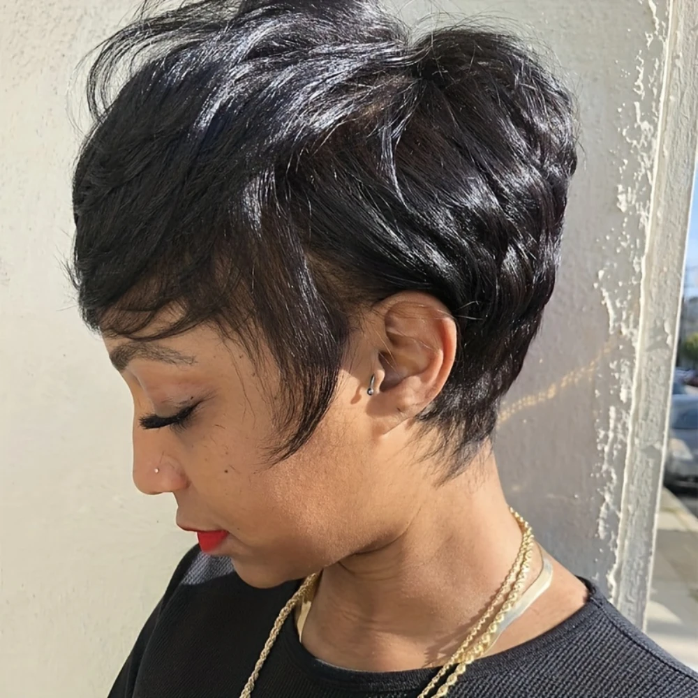 ピクシーカット ウェーブのかかった人毛ウィッグ 女性用 フルマシンメイドウィッグ ショートレイヤード ウェーブのかかったウィッグ 前髪付き