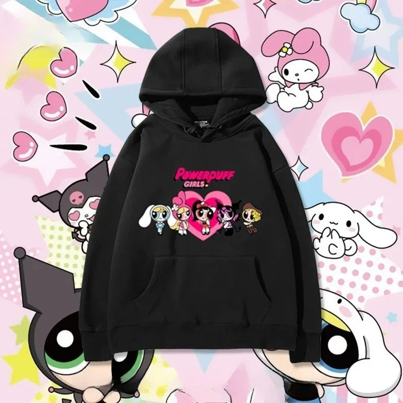 التعاون للفتيات من Powerpuff مع بلوزات بقلنسوة مطبوعة من القطن الخالص للخريف والشتاء من Sanrio للرجال والنساء