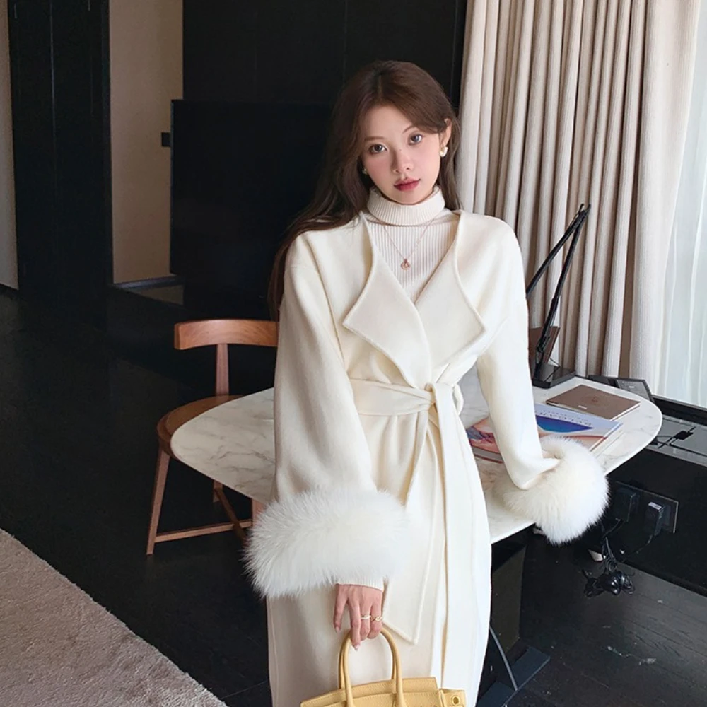 Élégant réel manteau de fourrure de renard mode hiver femmes chaud longue Double face cachemire laine pardessus 2025 nouveau automne couleur unie manteau