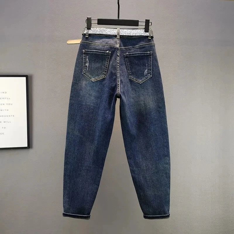 

Женские эластичные джинсовые шаровары, весна-осень 2021, новые свободные джинсы с высокой талией и горячим тиснением, женские повседневные брюки