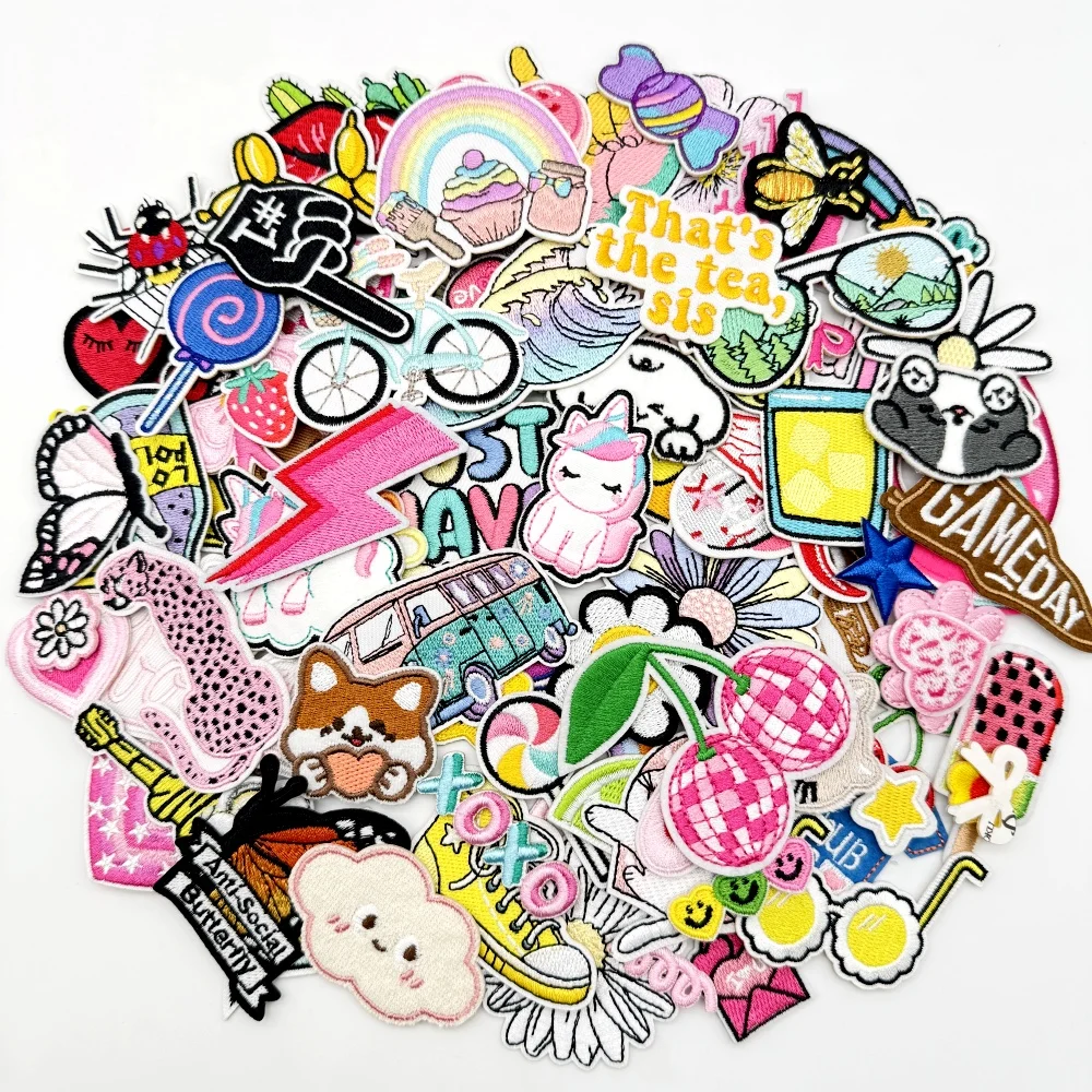 50/100pcs Random Assorted Embroidery Patches Cartoon DIY Iron On/Sew On Patches Stickers Applique for Clothes Dresses Hat Jeans