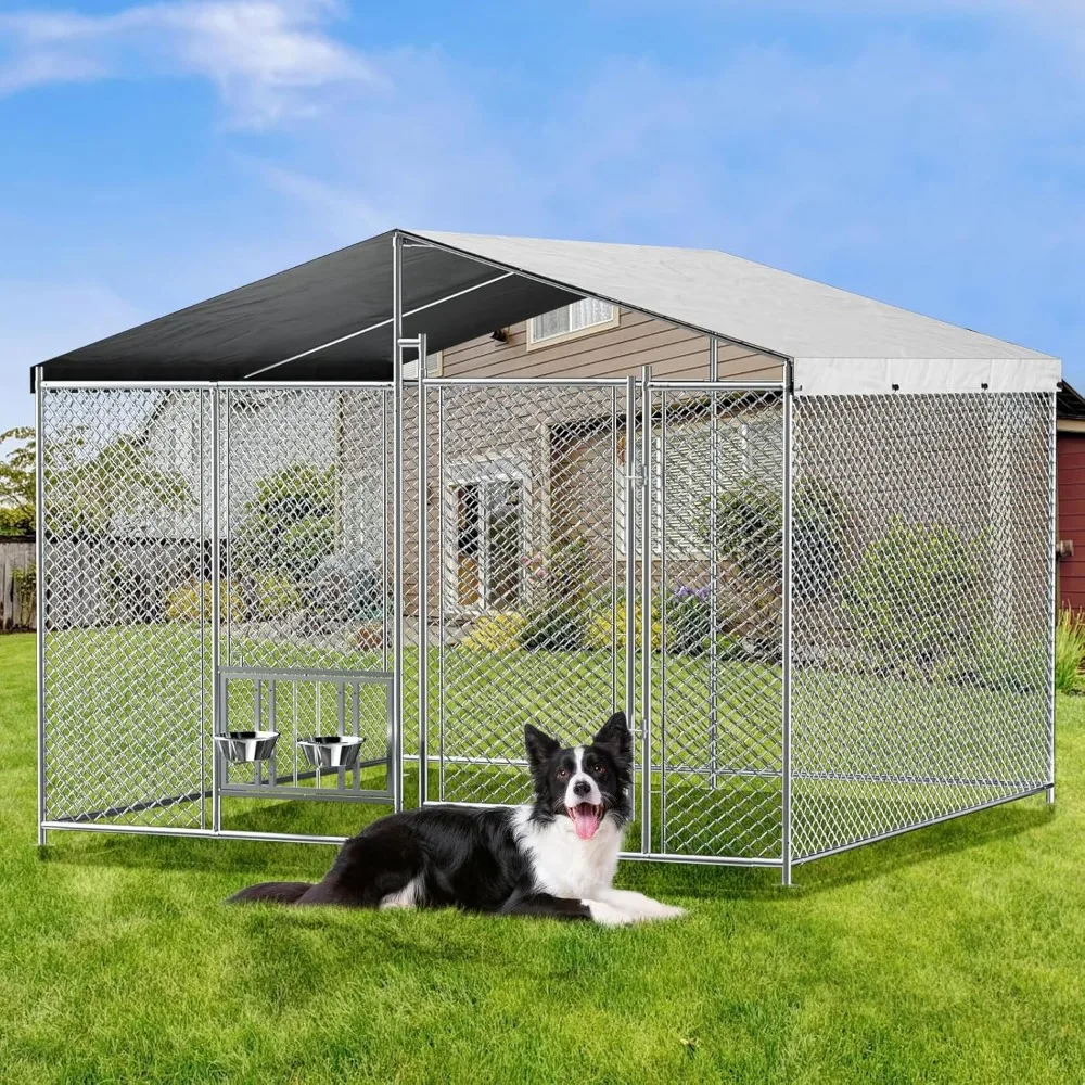 

7.5'x7.5' Outside Dog Kennel with Roof,Large Metal Chicken Coop with 2 Rotating Bowls and Updated Secure Lock Heavy Duty Dog Ken