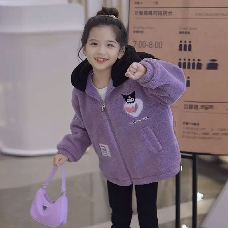 Chaqueta de felpa Sanrioed Kuromi de Anime Kawaii para niños, prendas de vestir exteriores de moda para niñas, suéter engrosado con capucha, Tops cálidos para niños, abrigo de invierno