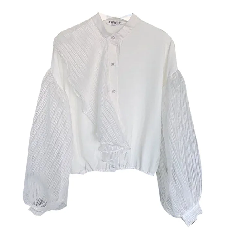 Retro Court Style Loose Lantern Sleeve Blouse Women's Design Sense Mesh Splicing Bubble Sleeve Top Elegant Chic Summer Fashion