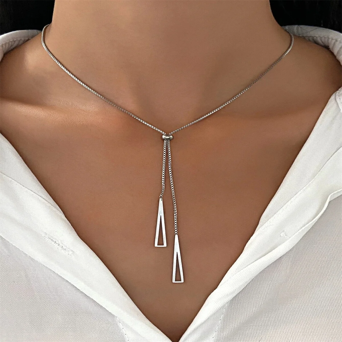 Fashion Gold Color Triangle Pendant Necklace Stainless Steel Simple Charm Y Lariat Necklaces for Women Boho Minimalist Jewelry