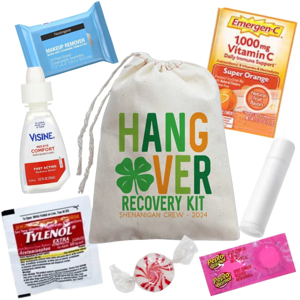 25 bolsas de kit de recuperación de resaca, regalos de fiesta del Día de San Patricio, bolsas de remedio de resaca personalizadas, regalos de fiesta divertidos