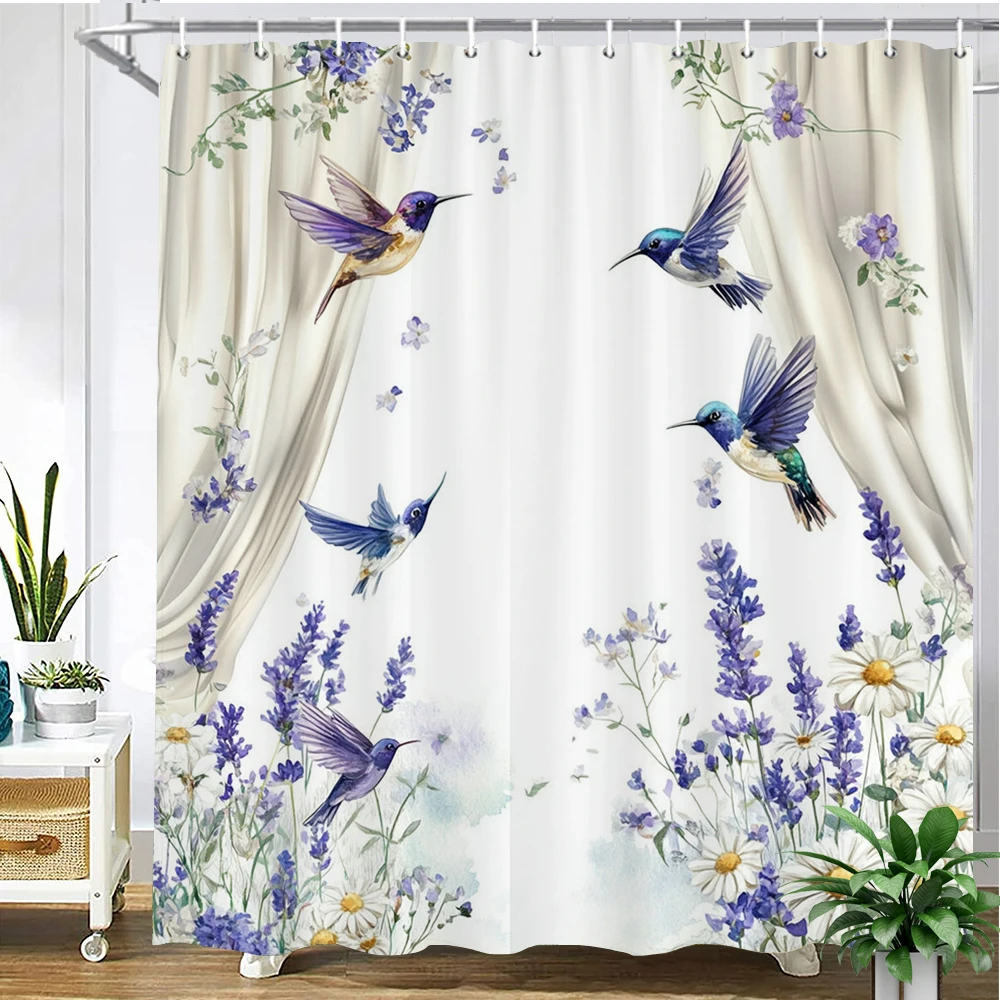 

Purple lavender flowers Birds style printed shower curtain polyester fabric bathroom curtain home decoration curtain with hooks