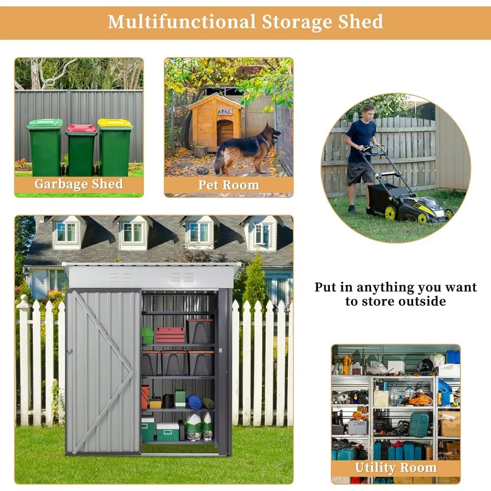 Imagem -04 - Armazenamento ao ar Livre Shed Clearance com Porta Bloqueável Metal Garden Shed Anti-corrosão Storage House Dark Gray 5x3x6 Pés