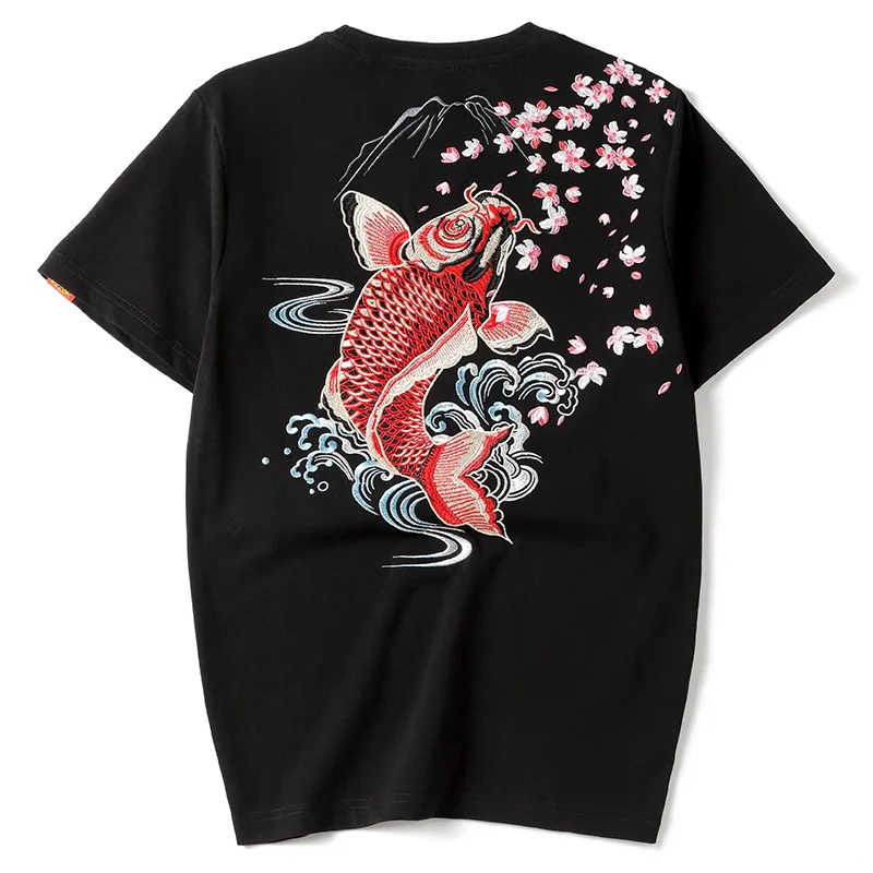 Summer Embroidery Brocaded Carp Men's T-shirt White 100%Cotton Hip-Hop Harajuku Thin Loose Short-Sleeved Tops Male Plus Size