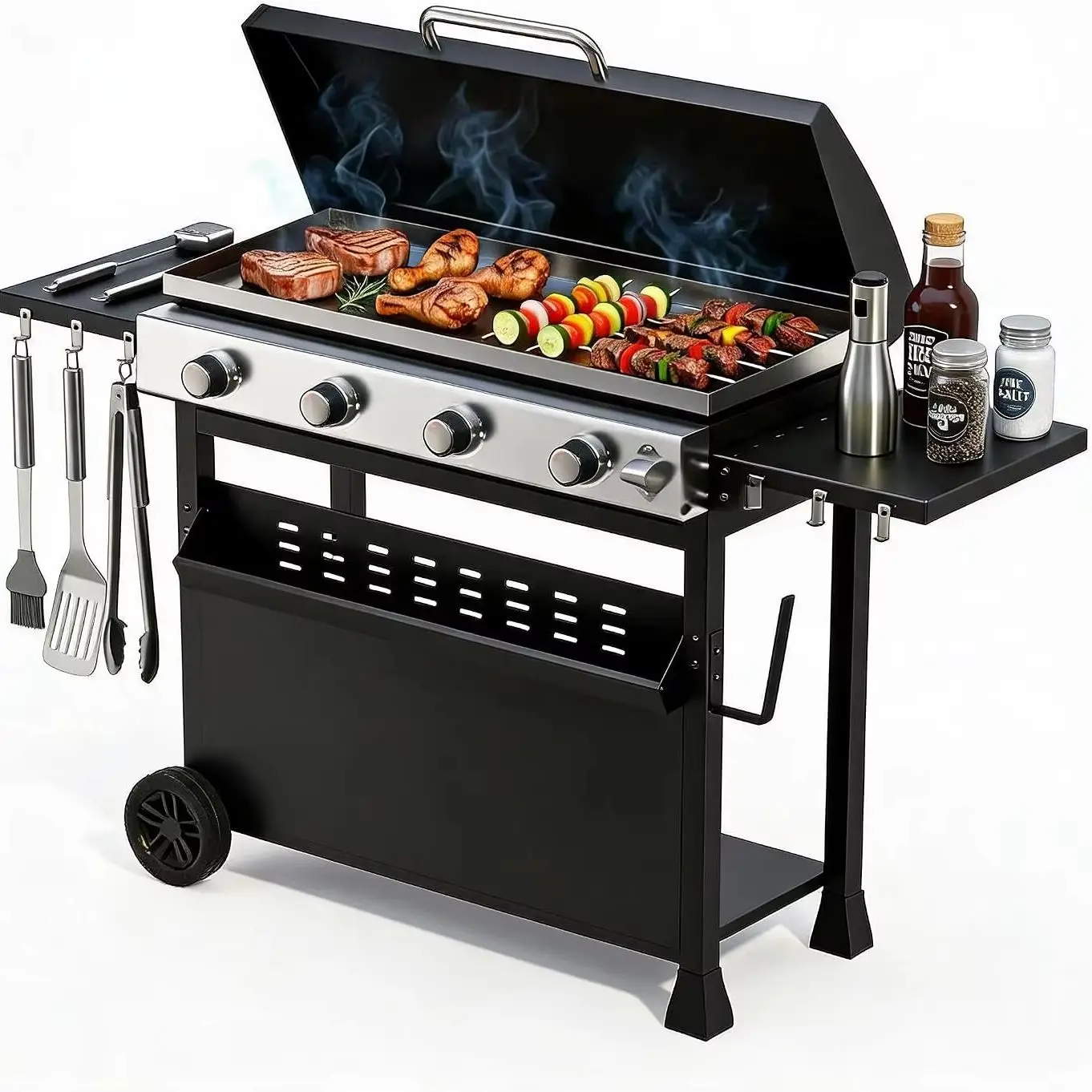 Mit 4-Flammen-Gasgrill mit Plancha-Oberfläche und Haube, 2-in-1-Design, 32.000 BTU starke Leistung, wetterfeste Haube, große Grillfläche für 24 Burger, mobil und stabil.