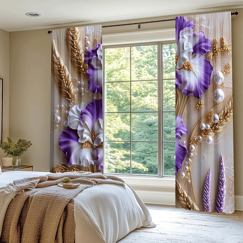 2pcs Lavender Golden Print Curtains, Elegant Polyester Rod Pocket Design for Multi-Room Home Decor