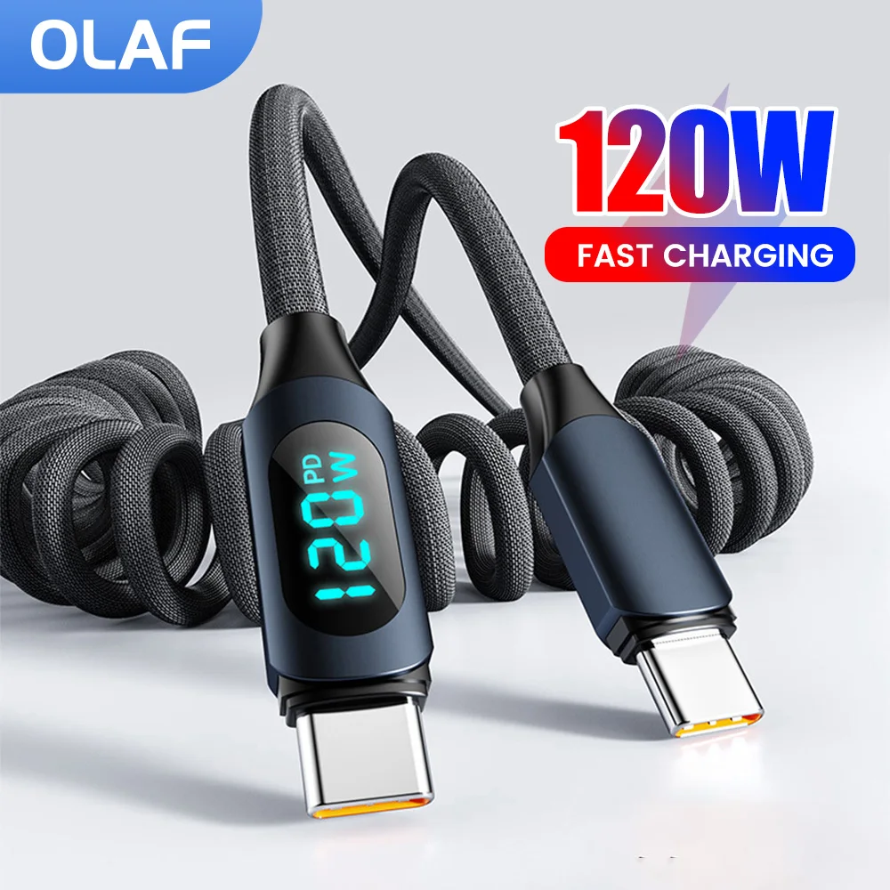 6A/120W Fast Charging Car Spring Data Cable Digital Display USB A To Type C Cable For iPhone 16 15 Samsung Phone USB C Cable