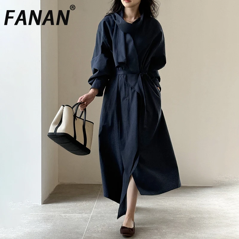 FANAN Women Detachable Scarf Collar Long Trench Coat Wrap Style Belted Waist Loose Oversized Midi Outerwear Autumn New Female