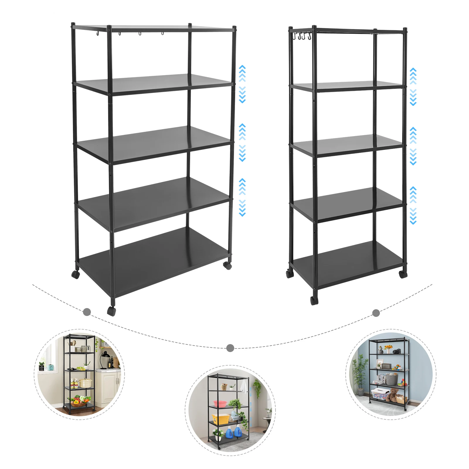 Carbon Steel 5 Tier Black Storage Rack,60x35x160/90x40x160cm Adjustable Freestanding     Storage Rack with 4 Wheels for Garages