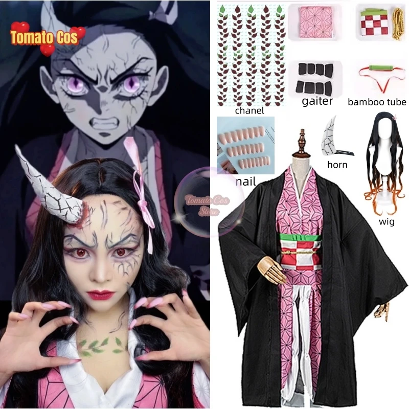 Strój Cosplay Anime demon slayer femininos Nezuko kostium peruka paznokcie halloween Christmas party cosplay rekwizyt róg chanel cos