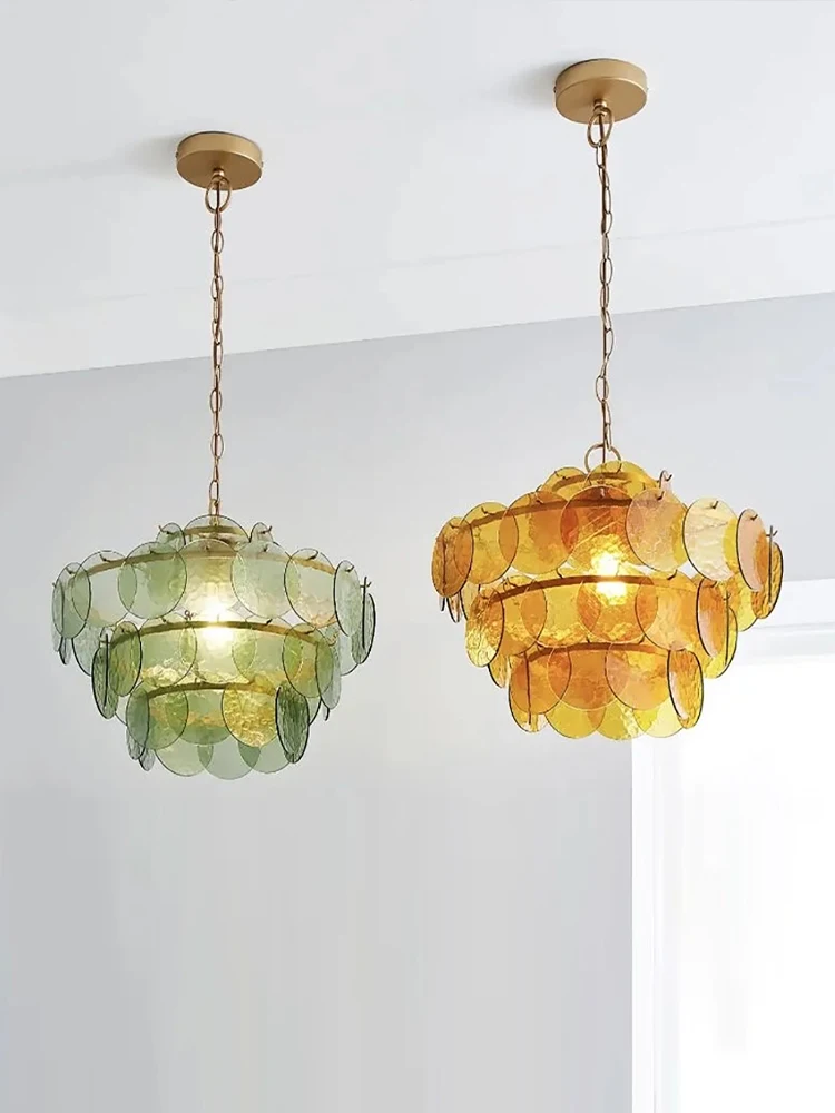 Modern Led Green Amber Clear Glass Piece Chandelier Light For Living Room Ceiling Hanging Decorative Lighting Fixtures Lustre