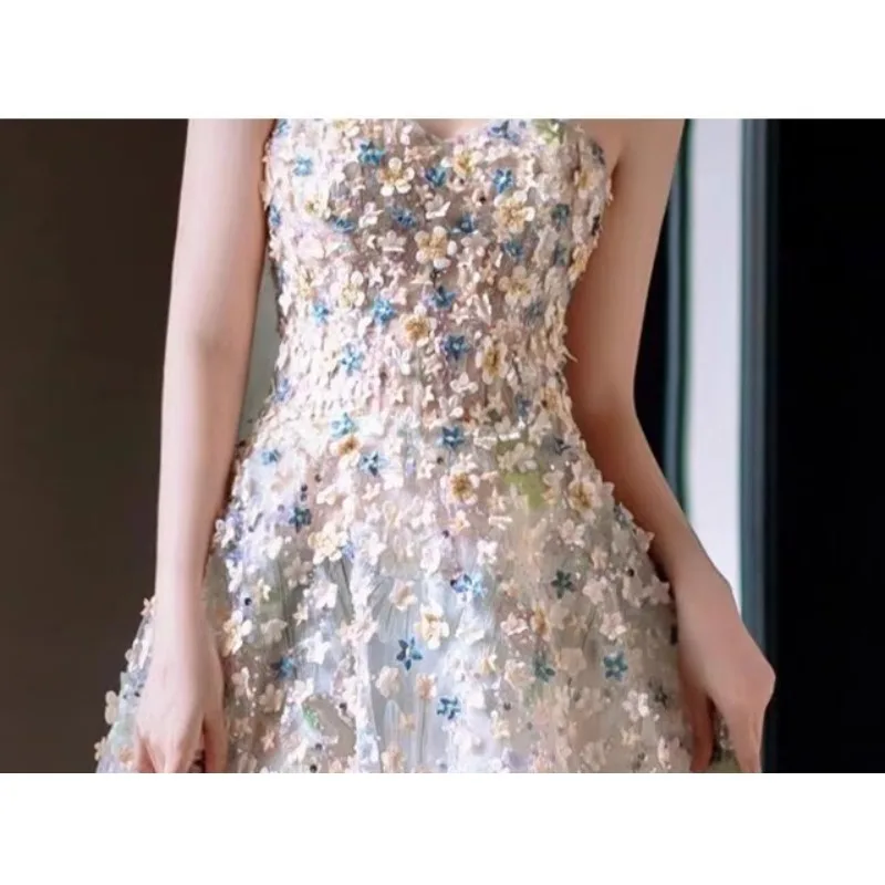 Verão feminino novo high end floral vestido de noite moda emagrecimento banquete anfitrião sen série cerimônia adulta vestido de exame de arte vocal