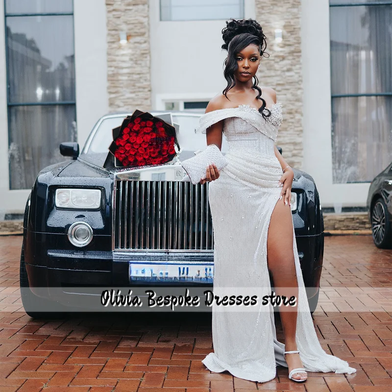 

Elegant Crystal Prom Dresses 2025 Glitter Mermaid Side Slit Wedding Party Gowns Customized Sleeveless