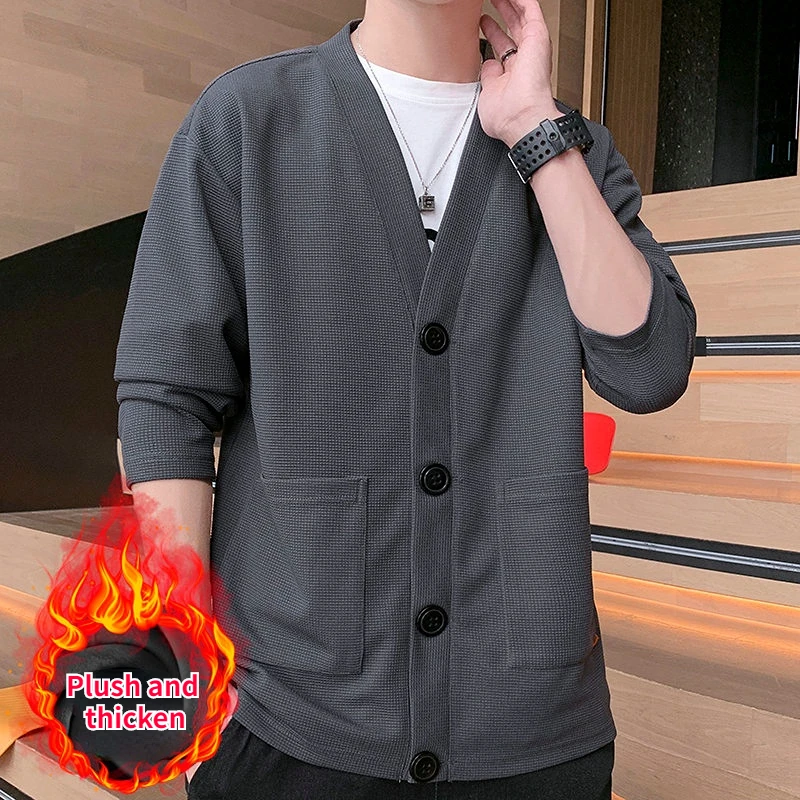 

2023 Autumn and Winter New Fashion Classic Men's Waffle Cardigan Coat Men's Plush Warm Jacket