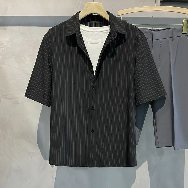 Men's Striped Short Sleeve Shirts Loose Fit Lapel Casual Button Down Blouses Multi Color Options