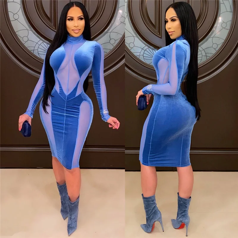 Sexy Mesh Sheer Patchwork Velvet Dress Women Chic Long Sleeve Skinny Party Nightclub Bodycon Midi Dress Rave Festival Outfits