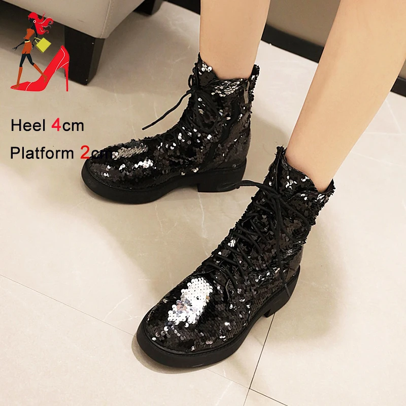 Discoloration Sequined Cloth Short Boots For Women Short Plush Autumn Winter Low Heel Round Toe Shoes Zipper Glitter Ankle Boots