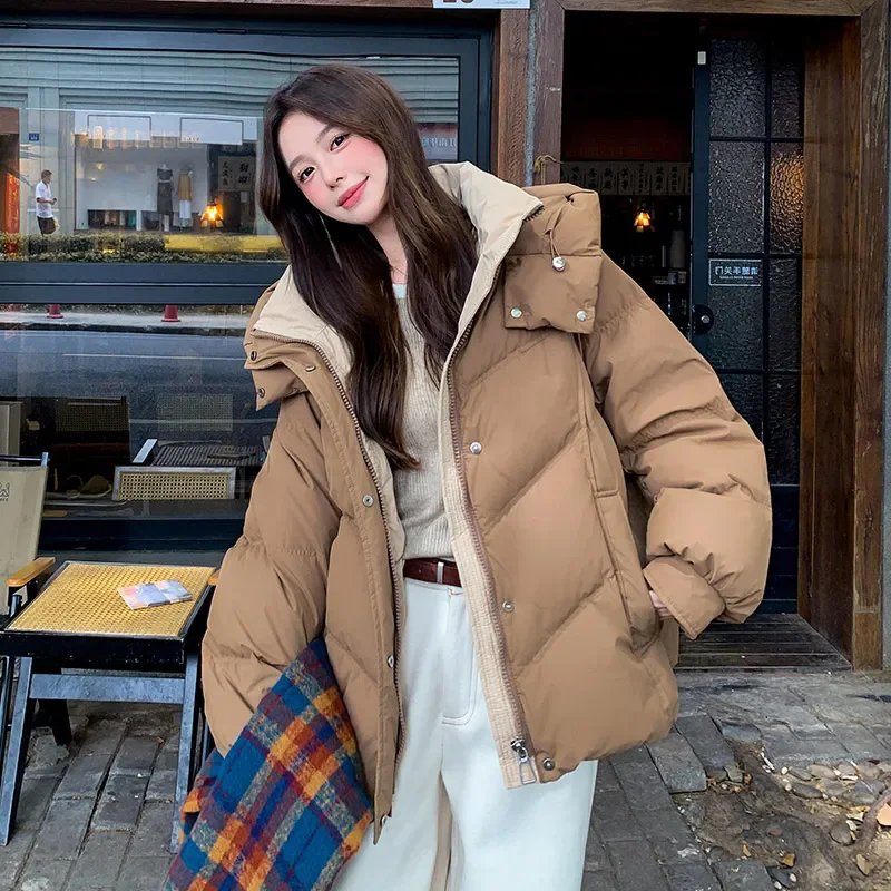 

Contrast Color Short Down Cotton-Padded Jacket Women's Overcoat 2025 Winter Fashion Loose Hooded Cotton Jacket Chic Thick Warm P