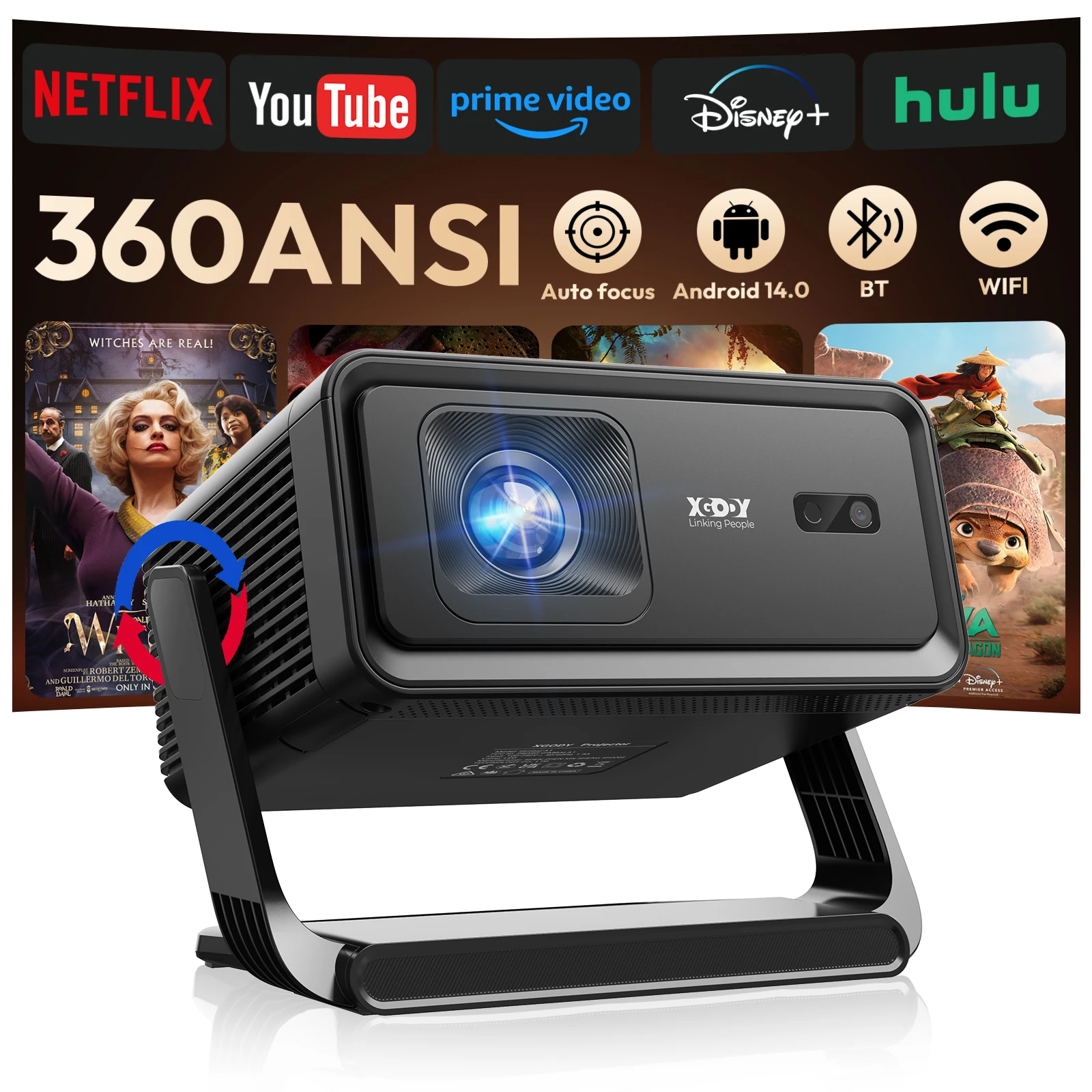 XGODY Support 8K Projector Autofokus Android 14.0 Keystone  360ANSI  1+16GB Wifi6 BT5.4 Allwinner H726 2*5W Speakers Home Cinema