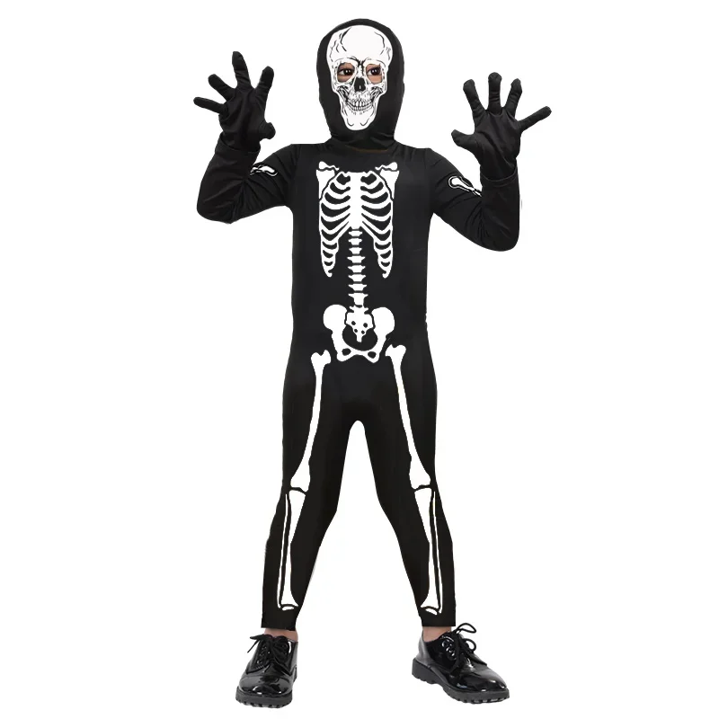 Terrifying Halloween Horror Hooded Costume Terrifying Reaper Costume Printed Skeleton Long Sleeved Jumpsuit Carnival Party view 2