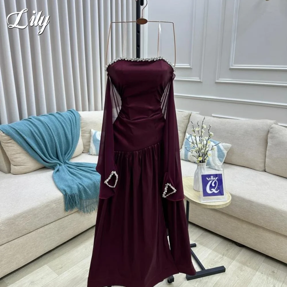 

Lily Burgundy Party Gown A-Line Prom Dress Off the Shoulder Crystal Wedding Evening Dress with Pleats robes de soirée Customized