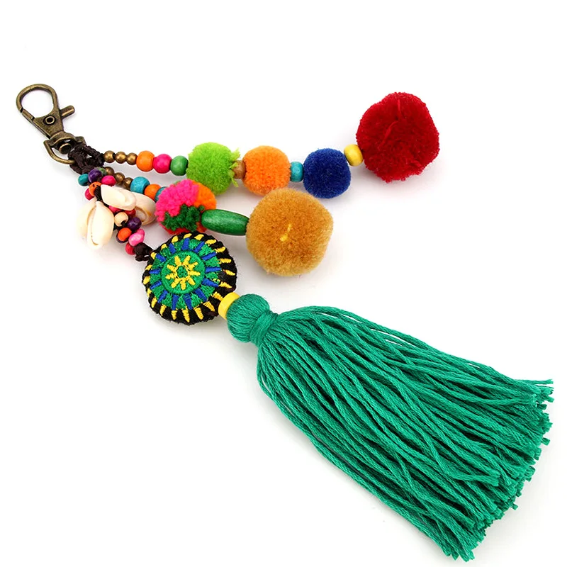 Wood Beads Key Chain Pompon Keychain Bohemian Sytle Car Bag Hanging Tassel Pendant Keychains Pompom Holder Women Jewelry