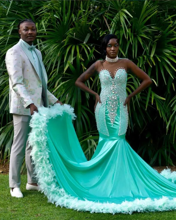 Mint Green African Long Evening Dresses for Women Luxury Crystal Diamond Feather Prom Birthday Gown vestido feminino