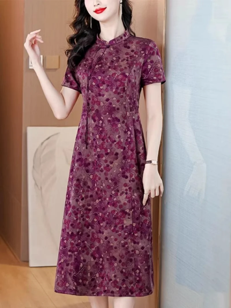 

Elegant Young Version High-End Floral Silk Dress For Mothers' Summer Wear Chinese Style Improved Cheongsam Dress w034