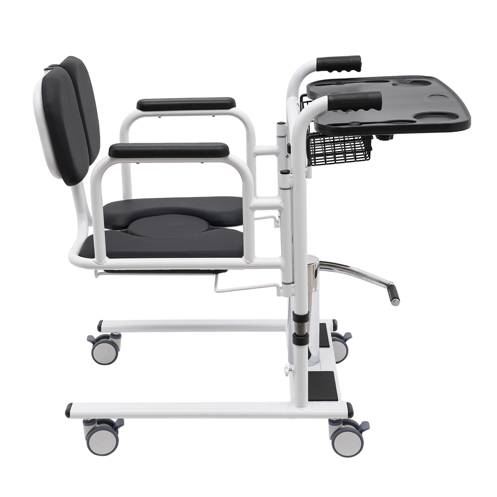 Picture 6: NEW Hydraulic Transfer Chair, Height Adjustable w/Table Tray,Lockable Wheels and 180° Split Seat, Shower Chair for Elderly Black