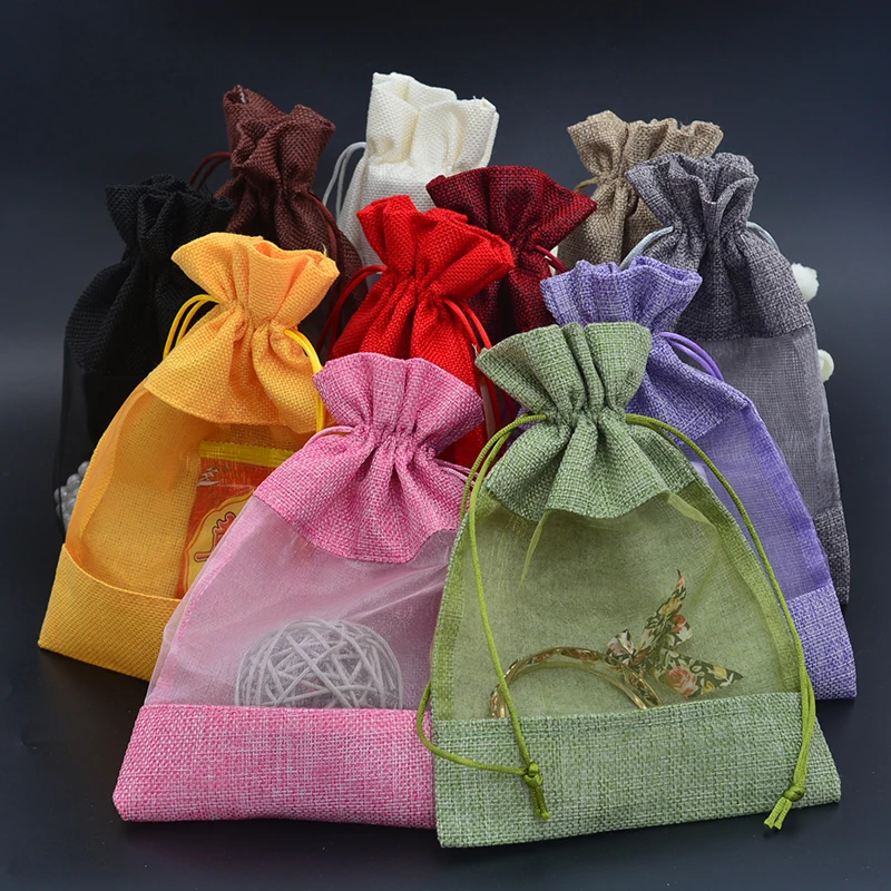 20PCS, 2 Sizes, 10 Hot Selling Colors, Fashion Jute Gift Bag with Sheer Organza Window, High Quality Burlap Bags with Drawstring