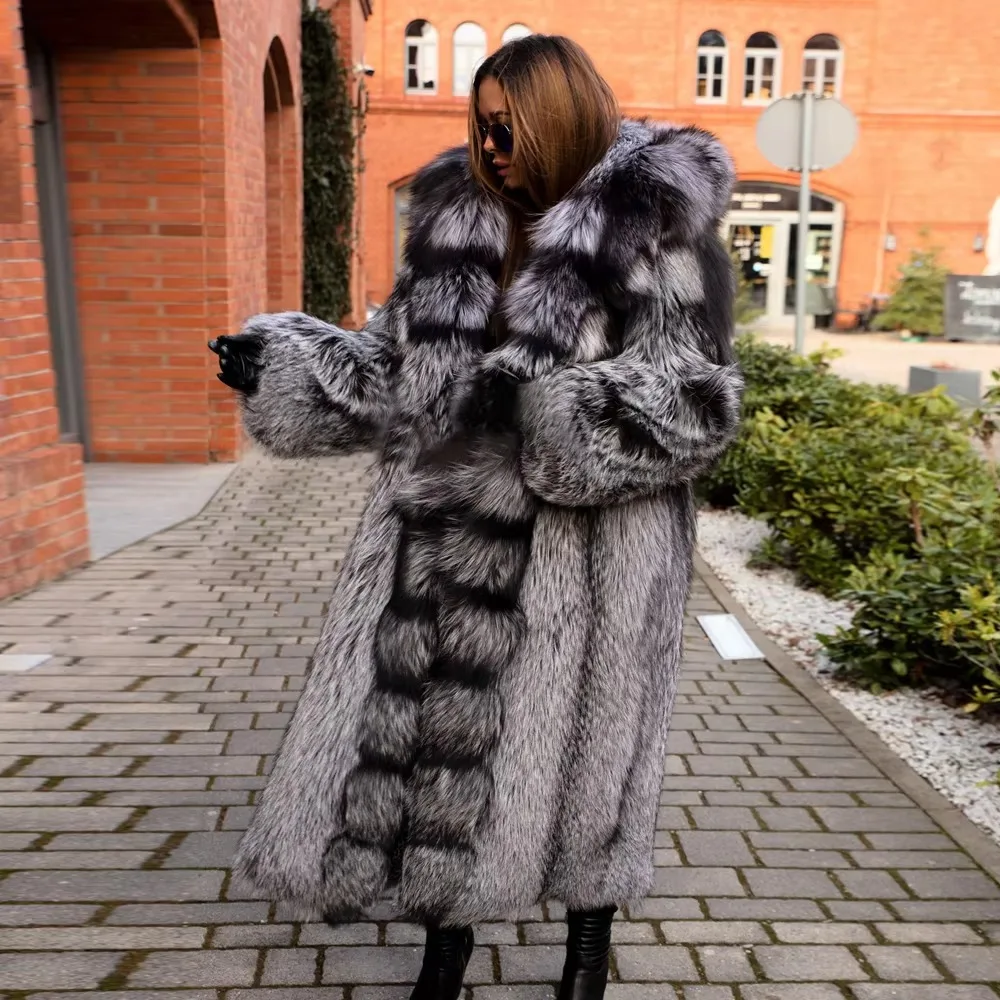 BFFUR Women New Winter Real Silvel Fox Fur Jacket With Hood Female Long Sleeve Puffer Coat Natural Fur Cuff Women's Coat