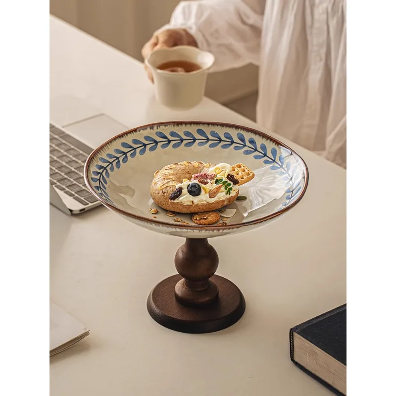 

Antique Wooden High Footed Fruit Platter Living Room Snacks Ceramic Fruit Platter