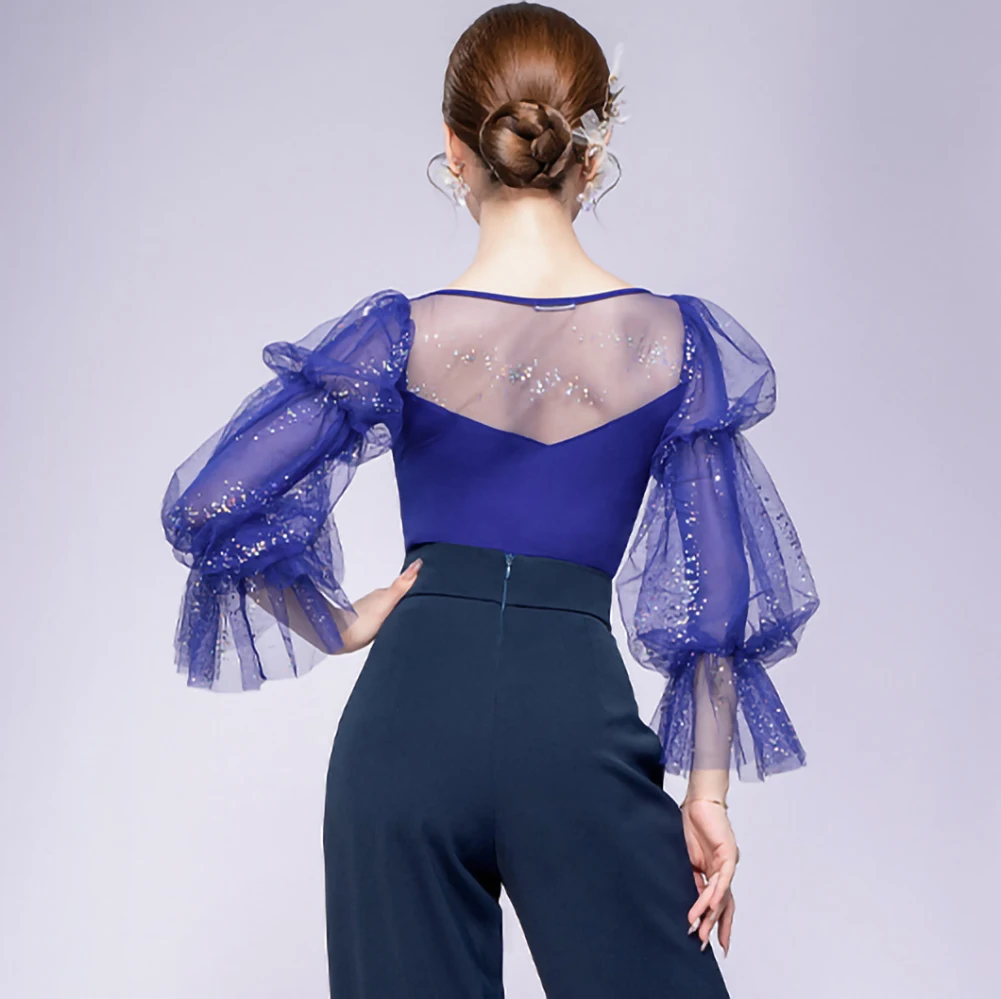 Фиолетовая одежда, новая женская тренировочная одежда, топ с длинными рукавами и круглым вырезом, черная синяя рубашка для танцев самбы, сетка