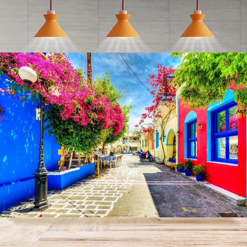 European Town Photography Backdrop Street Colorful Building Flowers Road Dinner Background Home Party Backdrop Wall Banner Decor