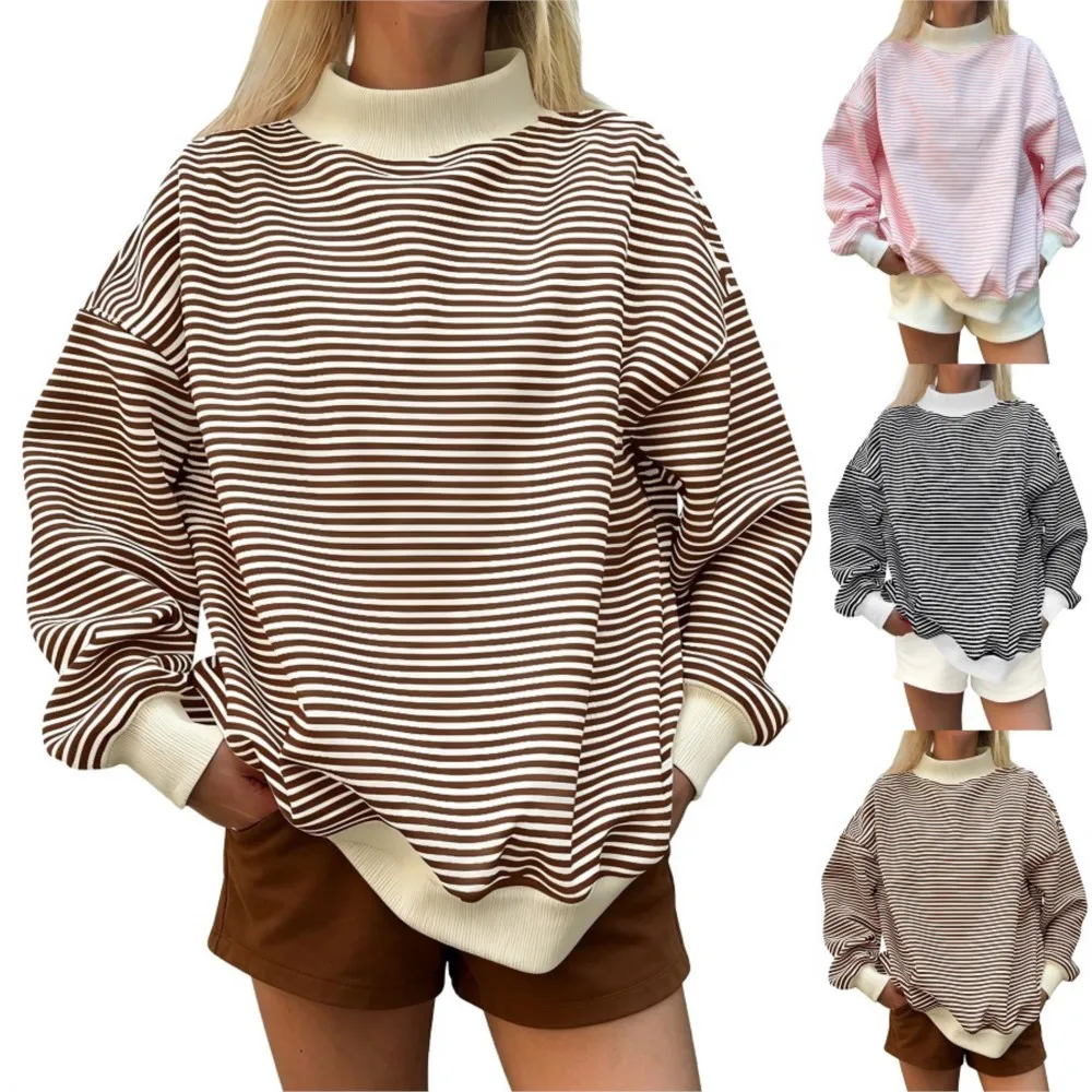 Autumn Long Sleeves Hoodie Pulls Femmes Tops For Woman Women's Clothing All-match Simple Style Contrast Stripe Loose Fashionable